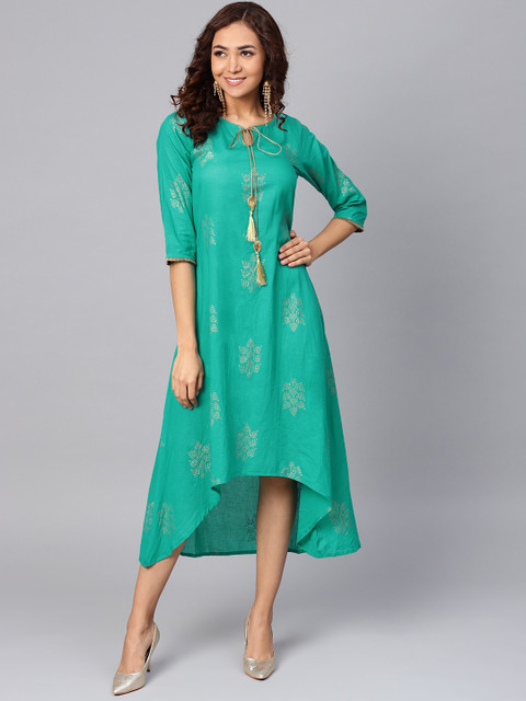 

Shree Women Green & Golden Foil Printed A-Line Dress