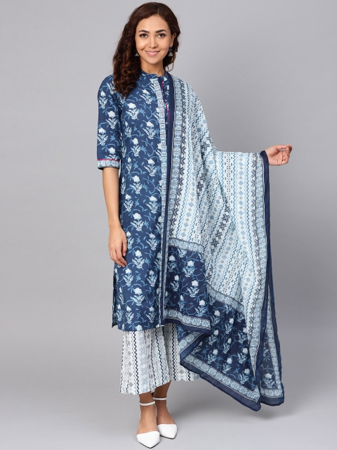 

Shree Women Blue & White Printed Kurta with Palazzos & Dupatta
