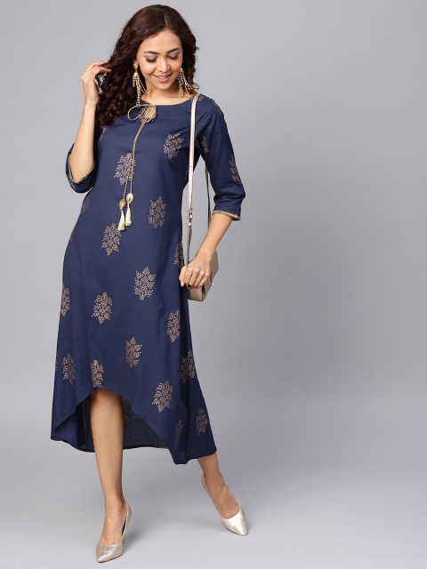 

Shree Women Navy Blue & Golden Foil Printed A-Line Dress