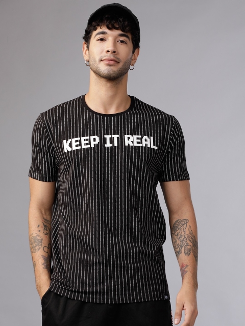 

Ecko Unltd Men Black & Off-White Striped Round Neck Slim Fit T-shirt
