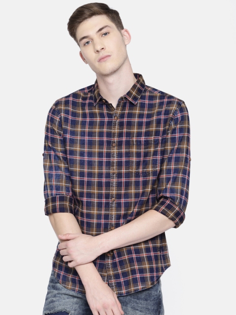 

Ecko Unltd Men Navy & Brown Slim Fit Checked Casual Shirt, Navy blue