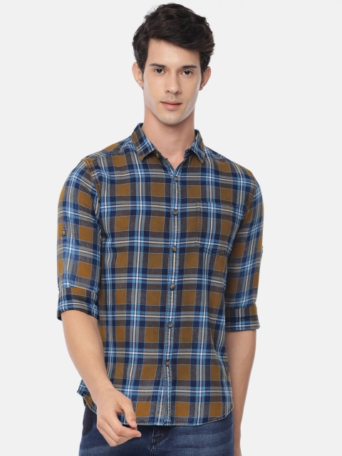 

Ecko Unltd Men Navy Blue & Mustard Yellow Regular Fit Checked Casual Shirt