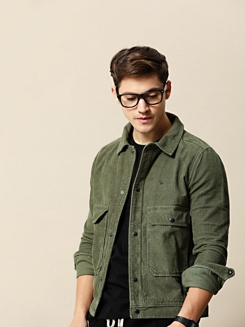 

Mr Bowerbird Men Olive Green Striped Tailored Corduroy Jacket