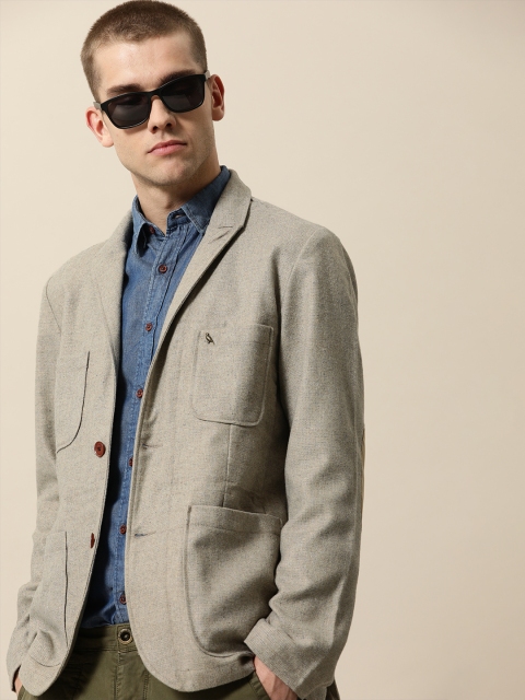 

Mr Bowerbird Men Beige Self Design Tailored Smart Casual Industrial Tweed Blazer