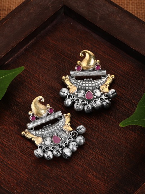 

Rubans Silver-Plated & Gold-Toned Paisley Shaped Oxidised Drop Earrings