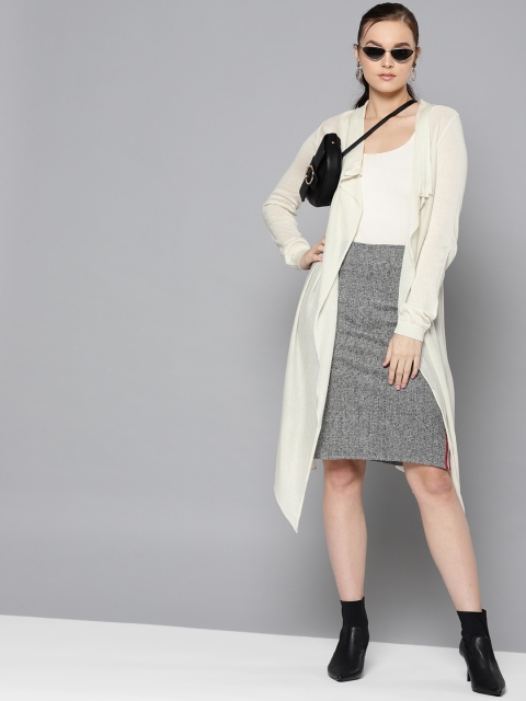 

STREET 9 Women Off-White Solid Semi-Sheer Open Front Longline Shrug