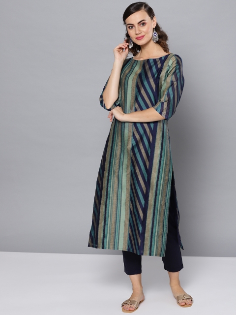 

STREET 9 Women Green & Navy Blue Handmade Striped Kurta with Trousers