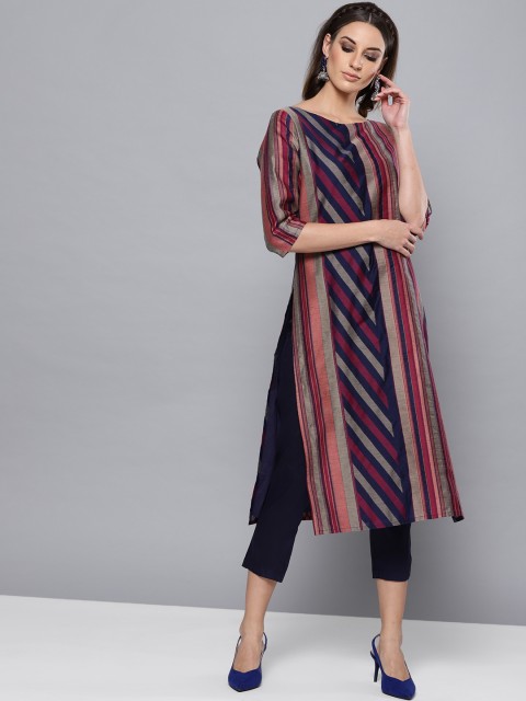 

STREET 9 Women Pink & Navy Blue Striped Handmade Kurta with Trousers