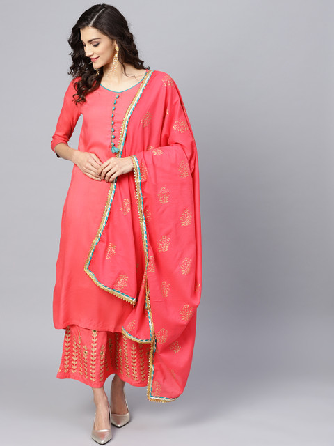 

Ishin Women Pink Solid Kurta with Palazzos & Dupatta