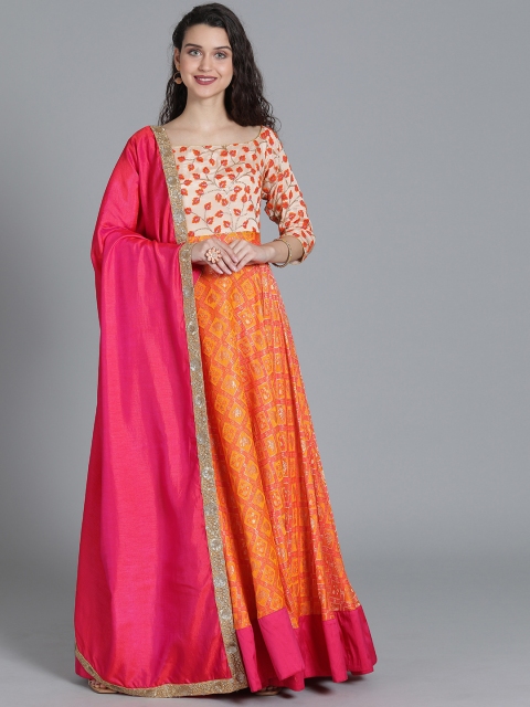 

Bollywood Vogue Women Orange & Pink Made to Measure Printed Kurta with Churidar & Dupatta