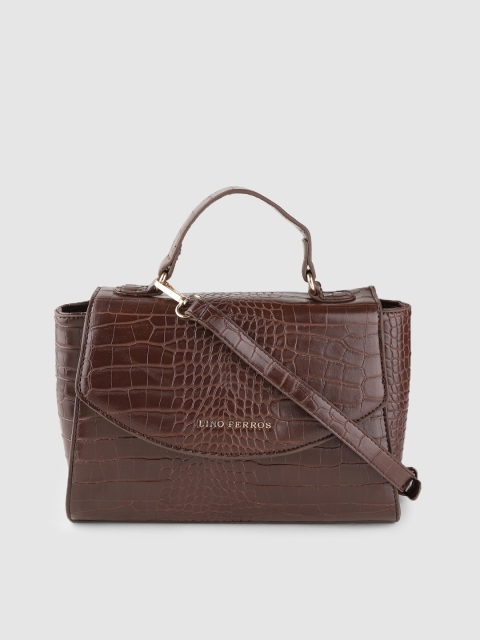 

Lino Perros Coffee Brown Croc-Textured Satchel with Detachable Sling Strap