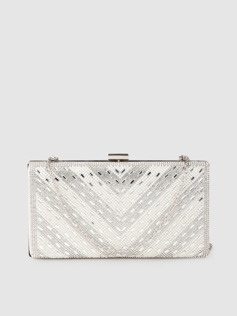 

Lino Perros Silver-Toned & Off-White Embellished Box Clutch