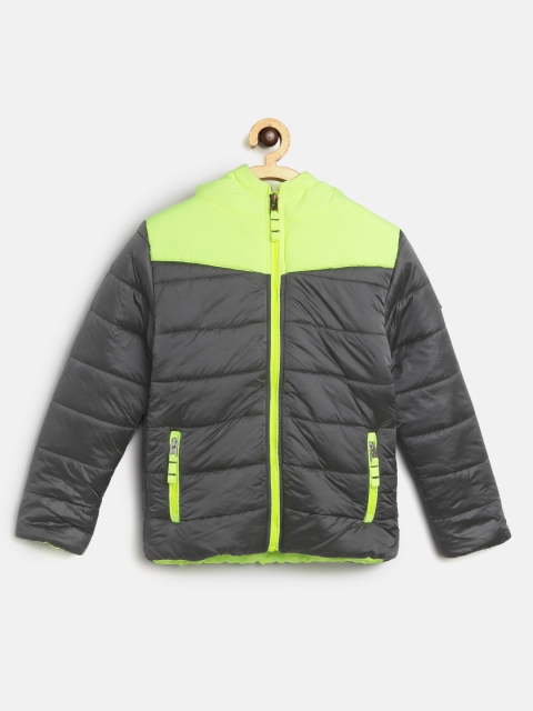 

Cherry Crumble Kids Charcoal Grey & Fluorescent Green Colourblocked Hooded Padded Jacket