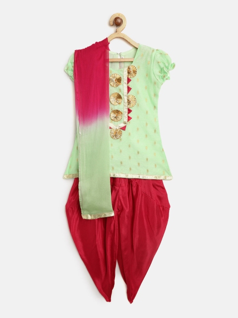 

BownBee Girls Green & Pink Self-Design Kurti with Dhoti Pants & Dupatta