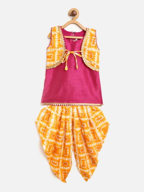 

BownBee Girls Pink & Orange Printed Kurti with Dhoti Pants & Attached Ethnic Jacket