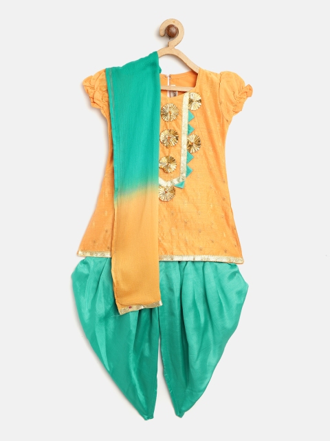 

BownBee Girls Orange & Green Self-Design Kurti with Dhoti Pants & Dupatta