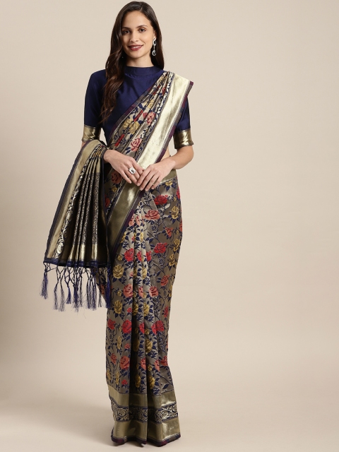 

Inddus Navy Blue & Gold-Toned Silk Blend Woven Design Saree