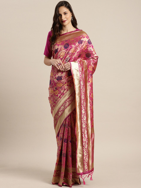 

Inddus Pink & Golden Silk Blend Woven Design Saree