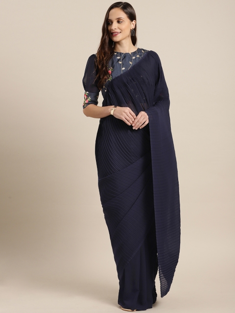 

Inddus Navy Blue Solid Poly Georgette Saree