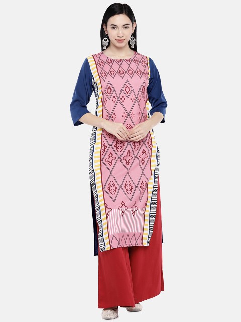

7Threads Women Pink & Navy Blue Printed Straight Kurta