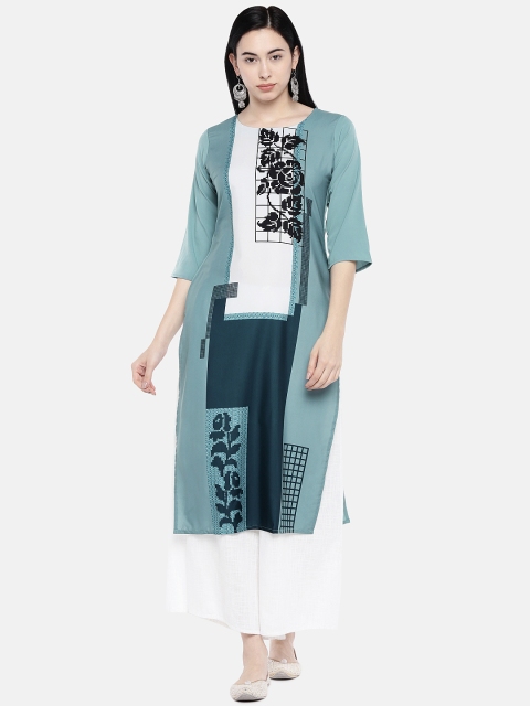 

7Threads Women Green Floral Print Straight Kurta