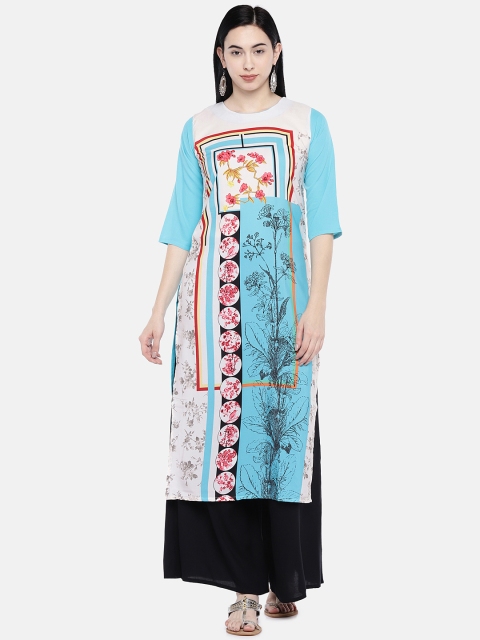 

7Threads Women Blue & White Floral Printed Straight Kurta