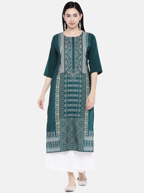 

7Threads Women Green Printed Straight Kurta