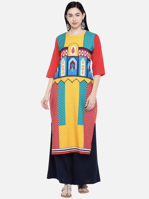 

7Threads Women Red & Yellow Quirky Printed Straight Kurta