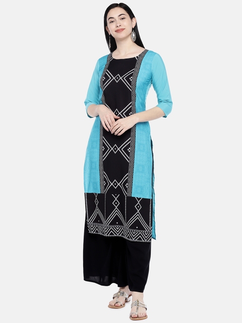

7Threads Women Turquoise Blue & Black Printed Straight Kurta