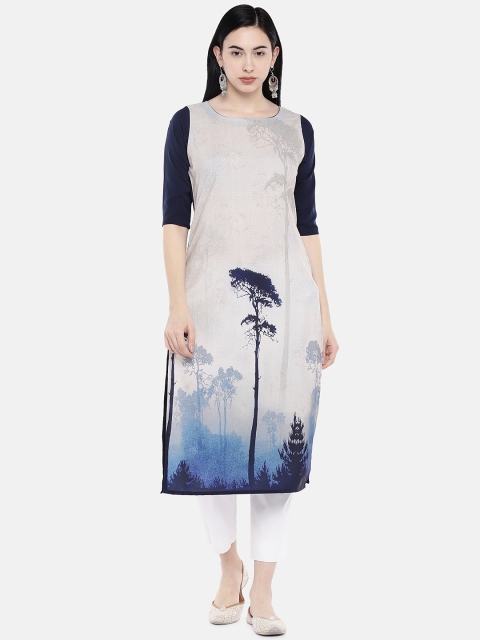 

7Threads Women Grey & Black Printed Straight Kurta