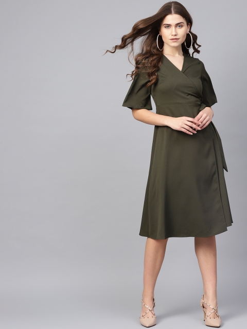 

Femella Women Olive Green Solid Wrap Dress