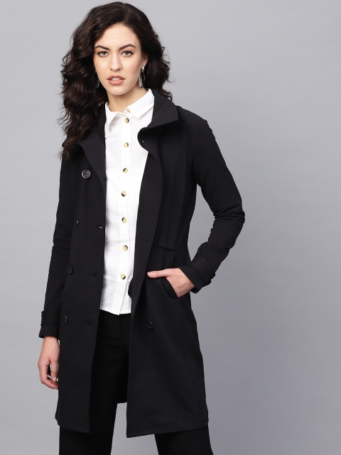 

Femella Women Black Solid Double-Breasted Coat