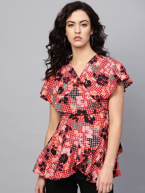 

Femella Women Red & White Printed Wrap Top