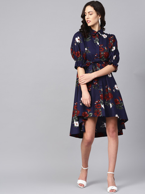 

Femella Women Navy Blue & Maroon Printed Shirt Dress