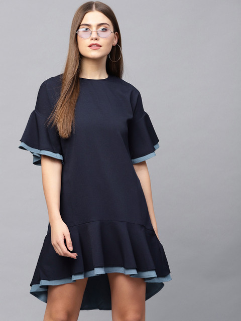 

Femella Women Navy Blue Solid Drop-Waist Dress