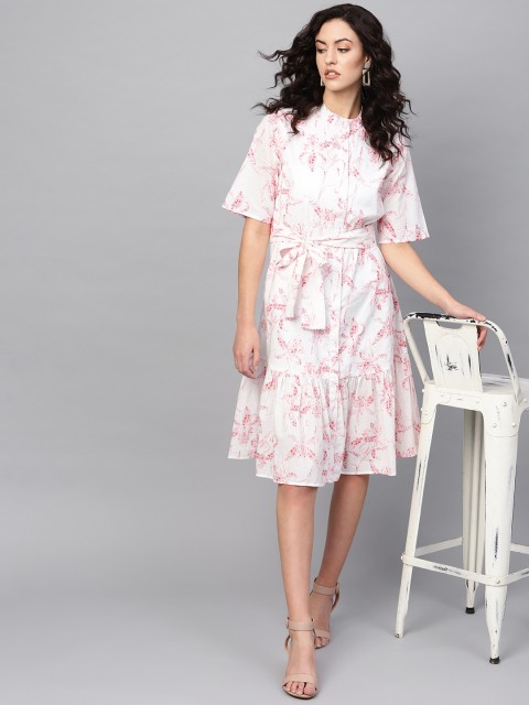 

Femella Women White & Pink Printed A-Line Dress