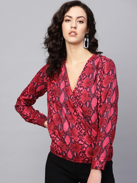 

Femella Women Pink & Charcoal Grey Animal Printed Wrap Top