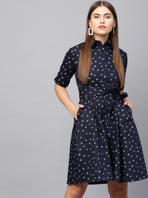 

Femella Women Navy Blue & White Printed Shirt Dress