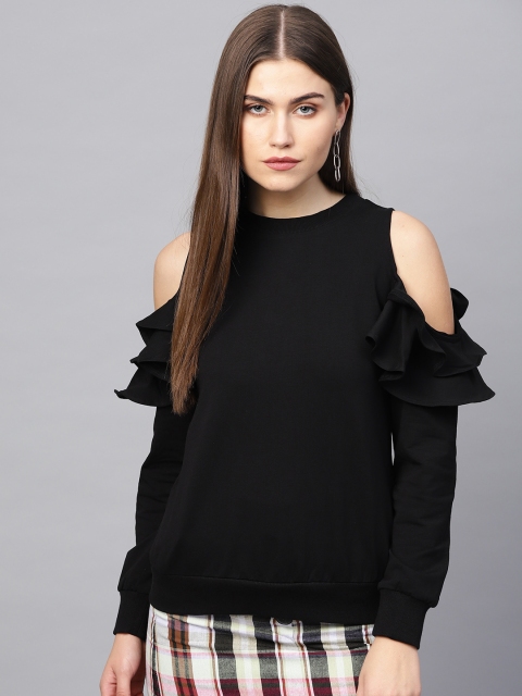 

Femella Women Black Solid Cold-Shoulder Sweatshirt