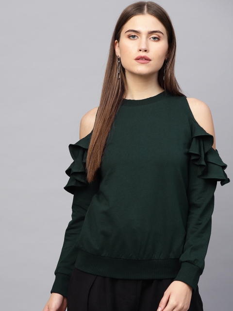 

Femella Women Green Solid Cold Shoulder Sweatshirt