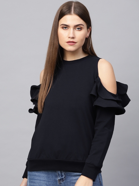 Femella Women Navy Blue Solid Cold-Shoulder Sweatshirt