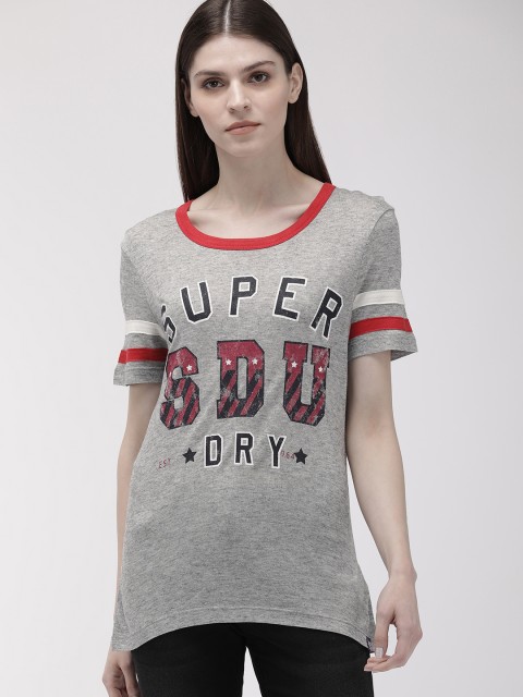 

Superdry Women Grey Printed Round Neck Longline T-shirt