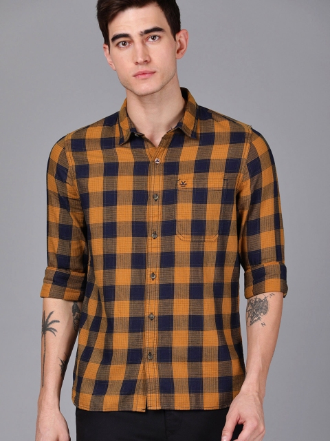 

WROGN Men Mustard Yellow & Navy Blue Slim Fit Checked Casual Shirt