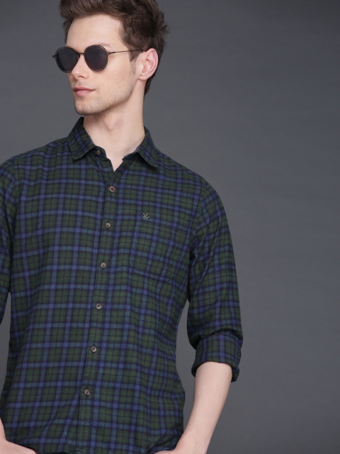 

WROGN Men Navy Blue & Green Slim Fit Checked Casual Shirt