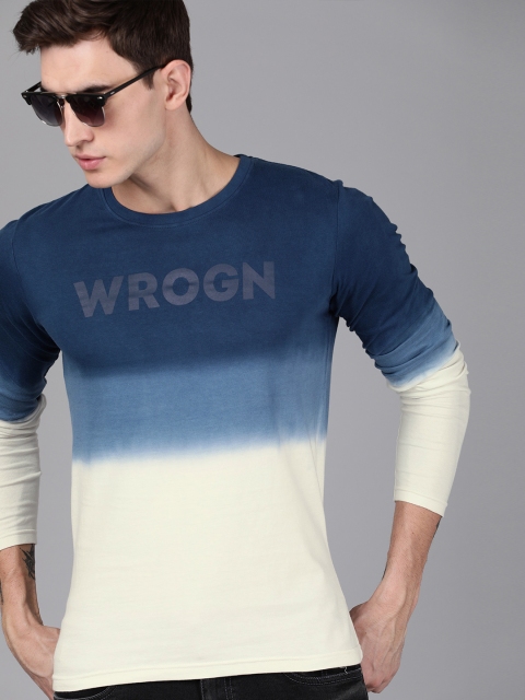 

WROGN Men Blue White Dyed Round Neck Pure Cotton T-shirt