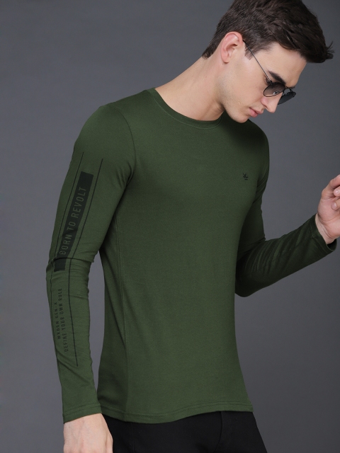 

WROGN Men Olive Green Solid Round Neck Pure Cotton T-shirt