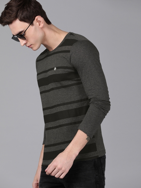 

WROGN Men Charcoal Grey and Black Striped Round Neck T-shirt