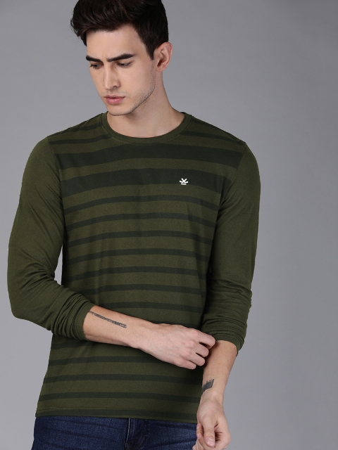 

WROGN Men Olive Green & Navy Blue Striped Round Neck T-shirt