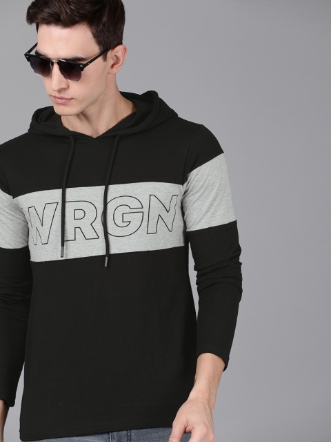 

WROGN Men Black Printed Hooded T-shirt