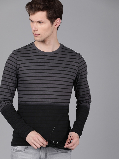 

WROGN Men Grey & Black Striped Round Neck T-shirt